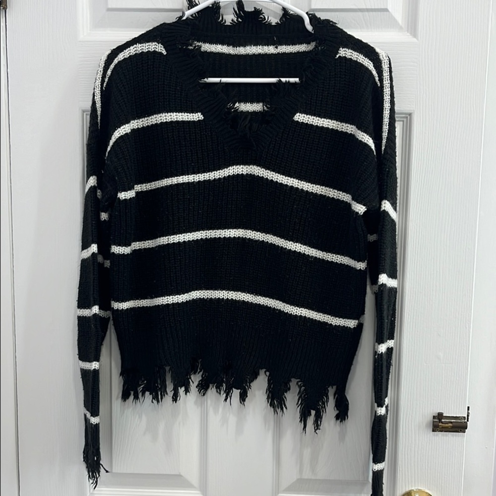 Black and White Striped Distressed Sweater